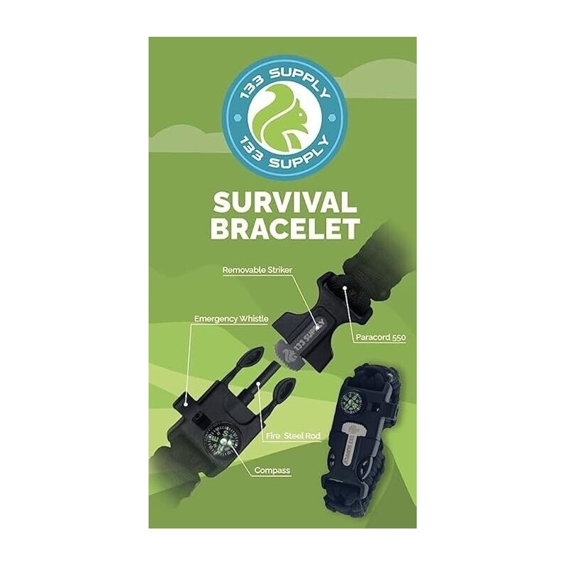 133 SUPPLY 2 PK Survival Paracord Bracelet Compass Hiking Whistle