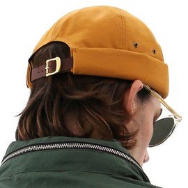 UNDERCONTROL Vintage Brimless Sailor Fisherman Leon Hat Rolled Cuff Harbour No Visor Miki Skull Docker Leather Strap Beanie Cap for Men & Women - Made in Korea - (Mustard)