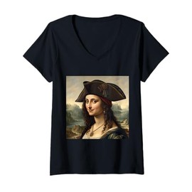 Womens Mona Lisa Inspired Pirate Portrait with Tricorn Hat Style V-Neck T-Shirt