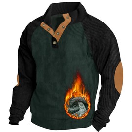 ONLYSTORY Men's Winter Fleece Corduroy Sweatshirt Patchwork Long Sleeve Stand Lapel Collar 1/4 Button Pullover Warm Sweater with Elbow Patches Green Black, 2XL