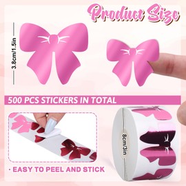 Whaline 500Pcs Pink Bow Stickers Roll Foil Seal Stickers Self-Adhesive Label Decals for Craft Envelope Card Party Favor Decor