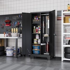 YILFANA 61" H Garage Cabinets, Metal Storage Cabinet with Lockable Doors and Pegboard, Utility Closet for Brooms and Mops, Tool Cabinets for Home Office Laundry Room Living Room
