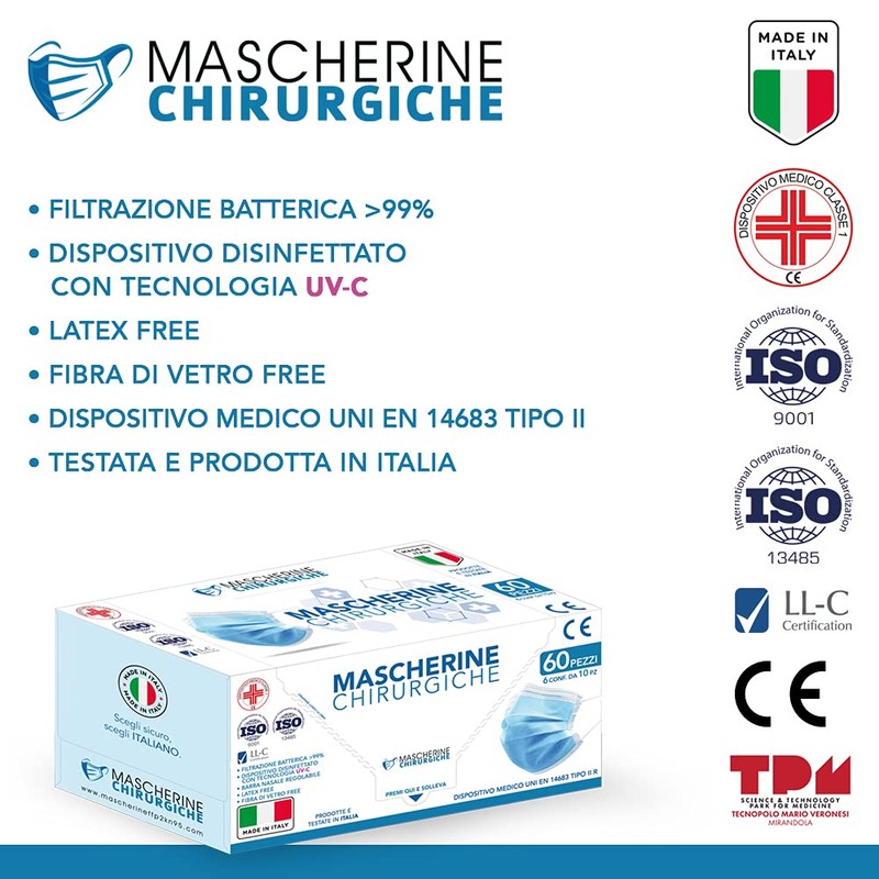 Pack of 60 Surgical Masks, Made in Italy, Medical Type