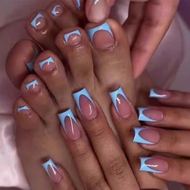 Blue French Press On Nails Medium & Fake Toenails Set Square False Toe Nails Glossy Summer Stick On Nails Full Cover Reusable Glue On Nails For Women Manicure Decorations 48Pcs