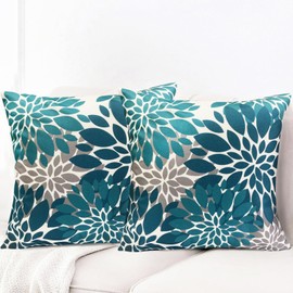 RYSMIYOU Decorative Throw Pillow Covers Set of 2 Teal Blue Pillow Covers 22x22 Inch Couch Pillow Covers for Sofa Living Room Outdoor Throw Pillow Cover Linen Floral Flower Farmhouse Pillowcase