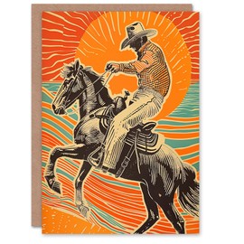 Artery8 Abstract Cowboy On Horse Sunset In West America Birthday Card