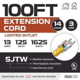 Iron Forge Cable Lighted Outdoor Extension Cord 100 ft - 14 Gauge 13 Amp Heavy Duty Power Extension Cords - SJTW - Great for Major Appliances, Power Tools, Garden Supplies - Yellow