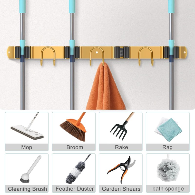 GUUKAR Mop Broom Holder Wall Mount, 2 Packs Gold Stainless