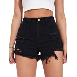 GORGLITTER Women's High Waist Ripped Raw Trim Denim Shorts Summer Straight Leg Jean Shorts with Pockets Black M