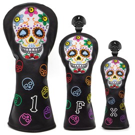 Golf Club Headcover Wood Cover Driver Fairway Wood Utility Hybrid Headcover with Number Tag Golf Headcover PU Leather Stylish Colorful Skull Embroidery Black (DR+FW+UT 3pcs)