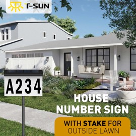 T-SUN Solar House Number Sign for Outside Light Up Solar Address Sign with Stake, Led Illuminated Home Number, Cold/Warm White Waterproof Wall Mounted/In Ground for Yard Street Driveway Markers