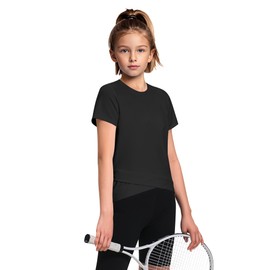 JOCMIC Girls Athletic Shirts Short Sleeve Crop Tops High Stretch Tshirt for Cheer Dance Sports Black 7-8 Years