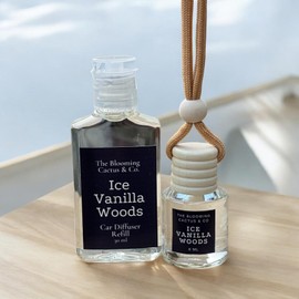 Car Air Freshener with 1 Oz Refill included | Car scented on the go | Car Air Freshener | Long Lasting Hanging Fragrance | Phthalate Free Fragrance. (Iced Vanilla Woods, 8 ml)