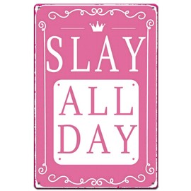 SUPERDANT Slay All Day Tin Sign Funny Quotes Metal Signs Retro Pink Metal Tin Signs Vintage Wall Art Plaques for Coquette Trendy Preppy Room Decor Girl's Room Dormitory Wall Decor