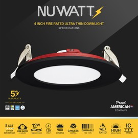 NUWATT 4 Inch 2 Hour FIRE Rated LED Recessed Light, Selectable 2700K/3000K/3500K/4000K/5000K, 900 Lumens, Dimmable, IC Rated, Ultra-Thin Black Trim Canless LED Downlight, No Tenmat Needed, 6 Pack