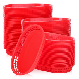 Rtteri 100 Pcs Plastic Fast Food Baskets for Serving Bulk 10.6 x 6.7 Inch, Oval Restaurant Basket, Red Reusable Bread Fry Basket for Hot Dog, Burger, Sandwiches and Christmas Tray Party Deli Supplies