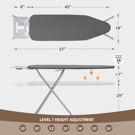 STO STO Ironing Board Full Size 45" x 14" with Iron Holder, 7 Height Options 29" to 36", Space Saving Foldable Iron Board with Removable Covers and Reinforced Steel Legs, Gray