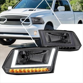PM PERFORMOTOR [Pair] U-Shape LED DRL Sequential Signal Headlights Assembly Compatible with 09-24 Dodge Ram Truck/Classic,Smoked Lens Clear Corner