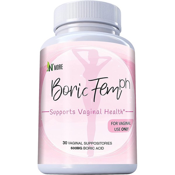 Boric Acid Vaginal Suppositories - 30 Count, 600mg - 100% Pure Made in USA - Boricfem Support Vaginal Health (1 Bottle (30 Capsules))