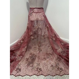 wowfabric4less123 Burgundy Pink Multi Sequins Embroidery Lace Fabric 50” Width 1 Yard