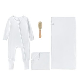 Luxury Baby Gift Set – 4-Piece Premium Bamboo Baby Essentials (Pajama, Blanket, Burp Cloth & Wooden Brush) – Soft, Eco-Friendly, Gender-Neutral Newbor