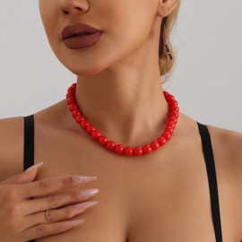 Cimenexe Bohemian Acrylic Bead Choker Necklace Acrylic Red Beaded Necklace Round Red Beaded Chain Necklace Chunky Resin Beaded Necklace Jewelry for Women