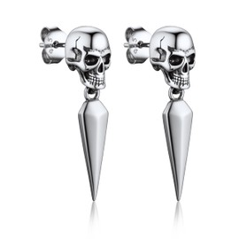 Bandmax Punk Earrings for Men Women 925 Sterling Silver Skull Skeleton Tone Dangle Earrings Skull Stud Earrings Punk Gothic Biker Skull Jewelry