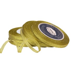 VATIN 5 Rolls 125-Yards Glitter Metallic Gold Ribbon 1/4 inches Sparkly Fabric Thin Ribbon for Gift Wrapping Wedding Party Brithday Floral Projects