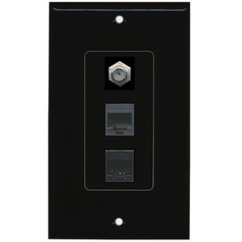 RiteAV - 1 Port Coax Cable TV- F-Type Phone RJ11 RJ12 and 1 Port Cat5e Ethernet Decorative Wall Plate - Black - Bracket Included