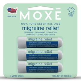 MOXE Migraine Relief Nasal Inhalers, Essential Oils for Headaches & Tension Relief, Portable Aromatherapy, Easy-to-Use, Pure & Undiluted, Peppermint, Spearmint, Eucalyptus, Tea Tree, USA Made, 3 Pack