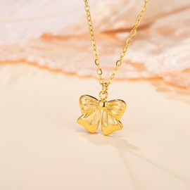 kkjoy Cute Small Tiny Bow Necklace Stainless Steel Gold Plated Dainty Ribbon Bow Tie Pendant Necklace Butterfly Bowknot Jewelry for Women Charming Ladies (Style 2)