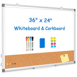 Magnetic White Board Cork Board Combo for Wall, WALGLASS 36" x 24" Double-Sided Large Dry Erase Whiteboard Corkboard Combination, Hanging Bulletin Board with Aluminum Frame for Office, Home, School