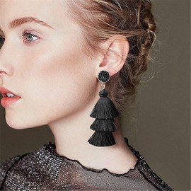 MALOYANVE Layered Tassel Earrings for Women Colorful Bohemian Tree-shaped Tiered Tassel Druzy Stud Dangle Drop Earrings Costume Jewelry Birthday Christmas Valentines Day Gift (Black)
