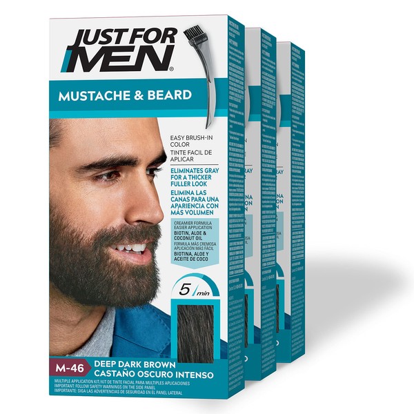 Just For Men Mustache & Beard, Beard Dye for Men with Brush Included for Easy Application, With Biotin Aloe and Coconut Oil for Healthy Facial Hair - Deep Dark Brown, M-46, Pack of 3