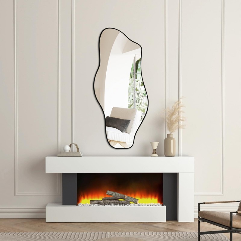 Jesmaikor Large Irregular Wall Mirror, 47.2"x21", Black Asymmetrical Modern Oblong