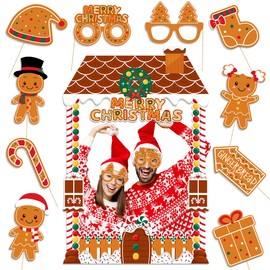 Gingerbread Christmas Photo Booth Props Gingerbread Man Christmas Selfie Props with Gingerbread House Photo Frame Funny Christmas Photo Props kit for Christmas Party Favors Decorations Supplies