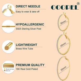 925 Sterling Silver Earrings Large Rhinestone Hoop Earrings Big Cubic Zirconia Hoop Earrings Thin Rhinestones Round Hoop Earrings for Women 20/30/40/50/60/70mm Sparkly Hoops With Crystals for Womens