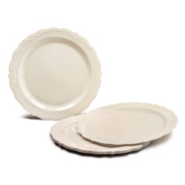 " OCCASIONS " 640 Pieces set (80 Guests)-Vintage Wedding Party Disposable Plastic Plates & cutlery -80 x 10'' + 80 x 7.5'' + Silverware + Cups + Napkins (Verona Plain Ivory)