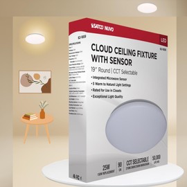 Satco 62-1859 19" LED Cloud Flush Mount with Motion Sensor, 25W, 5CCT (2700K-5000K), 120V, 2527-2732 Lumens, Round, White Finish, Damp Rated, Auto-On Detection
