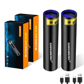 DARKBEAM UV Flashlight 365nm Wood's lamp USB Rechargeable Portable Blacklight LED Ultraviolet Light Mini, Detector for Pet Urine, Stains, Uranium Glass, Money, Amber 370nm, 2 Pack