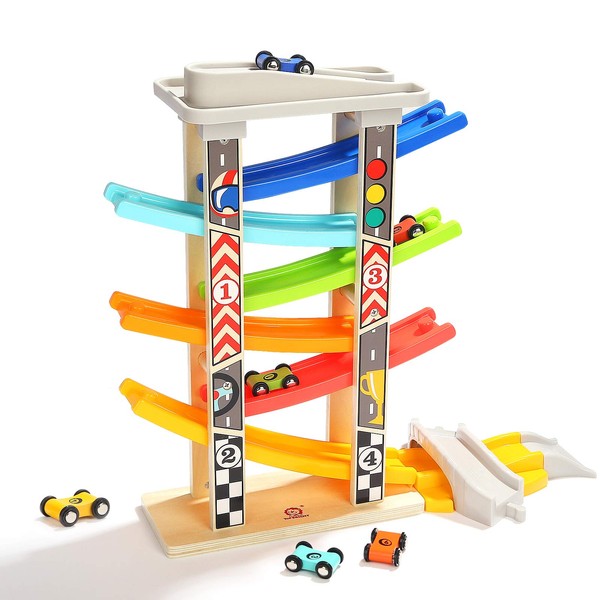 TOP BRIGHT Toddler Car Track Toys for Boy 2 Year Old Gifts with Car Ramps 6 Wood Race Car 1 Parking Garage & Extra Bridge