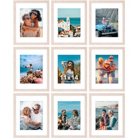 Vittanly 11x14 Picture Frames Set of 9, Shatter Resistant Plexiglass, Display 8x10 Pictures with Mat or 11x14 without Mat, Photo Frames for Wall or Tabletop, Engineered Wood, Rustic Pink