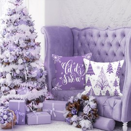 Lanpn Christmas Cushion Covers 45x45 Set of 4, Decorative Xmas Throw Covers Pillow Cases 18x18 for Home Bedroom Room Holiday Couch Decor Decorations(White and Purple)