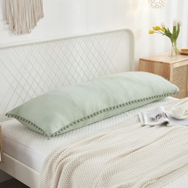 MOVE OVER Sage Green Body Pillow Cover 20x54 Inches Cute Pom Poms Decorated Pillow Cover Soft Washed Microfiber Boho Long Pillowcases with Pocket Closure, Pack of 1