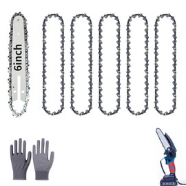 Pack of 5 6 inch chainsaw chain and guide rod, replacement chainsaw rod and chains for 6 inch chainsaw with protective gloves, cordless electric portable hand chainsaw for wood cutting