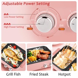 Topwit Hot Pot Electric with Grill, 2 in 1 Indoor Non-stick for Steaks, Shabu Shabu, Noodles, Simmer and Fry, Korean BBQ Grill, Independent Dual Temperature Control, Pink