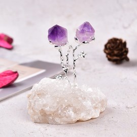 AMOYSTONE Natural Amethyst Flower Tree Wrapped On Geode Agate Base Healing Stone Tree Money Tree for Wealth and Luck Amethyst Agate Geode Christmas Tree Home Decor