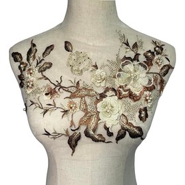 MMvloesy Brown 3D Beaded Flower Sew on Embroidered Lace Applique Wedding Dress Bride's Gown Headdress Adornment DIY Patch Clothing Accessories 12Inch*10Inch