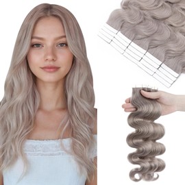 SEGOHAIR Wavy Tape In Hair Extensions Real Human Hair with Double-Sided Adhesive Professional Hair Extensions for Women 20pcs Body Wave 20 Inches Grey