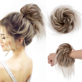 TESSHAIR Thick Messy Bun Hair Piece, Tousled Wavy Human Hair Scrunchies, Short Ponytail Extension, 29g, #Medium Brown & Bleach Blonde